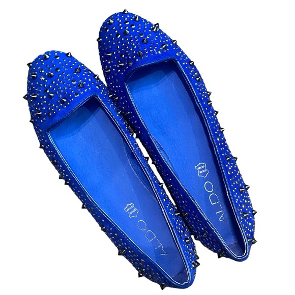 Aldo Leather Blue Silver Studded Ballet Flats New With Tags Size 38 or 7.5 to 8 - Picture 3 of 12